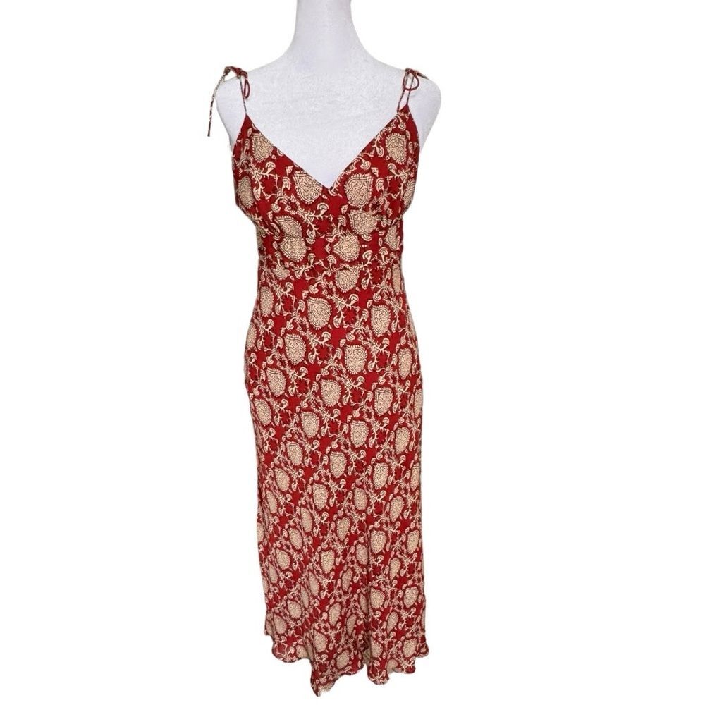 J. Crew Sleeveless Tie Shoulder Red Patterned Zip Back V-Neck Silk Dress. 6.